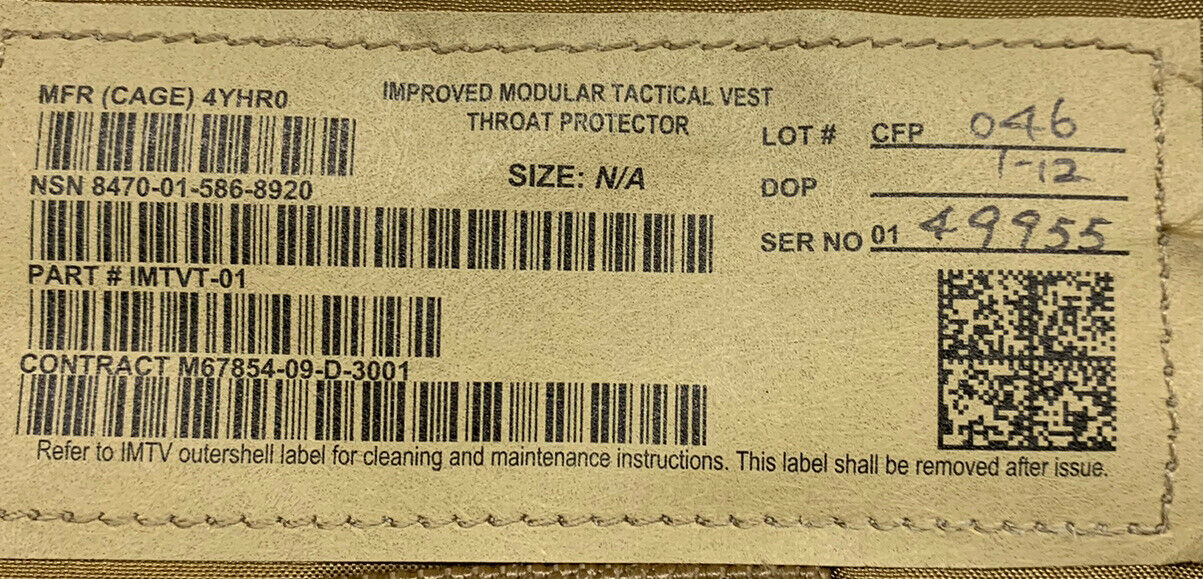 USMC IMTV Throat Protector Coyote NSN 8470-01-586-8920 Plate Carrier Collar