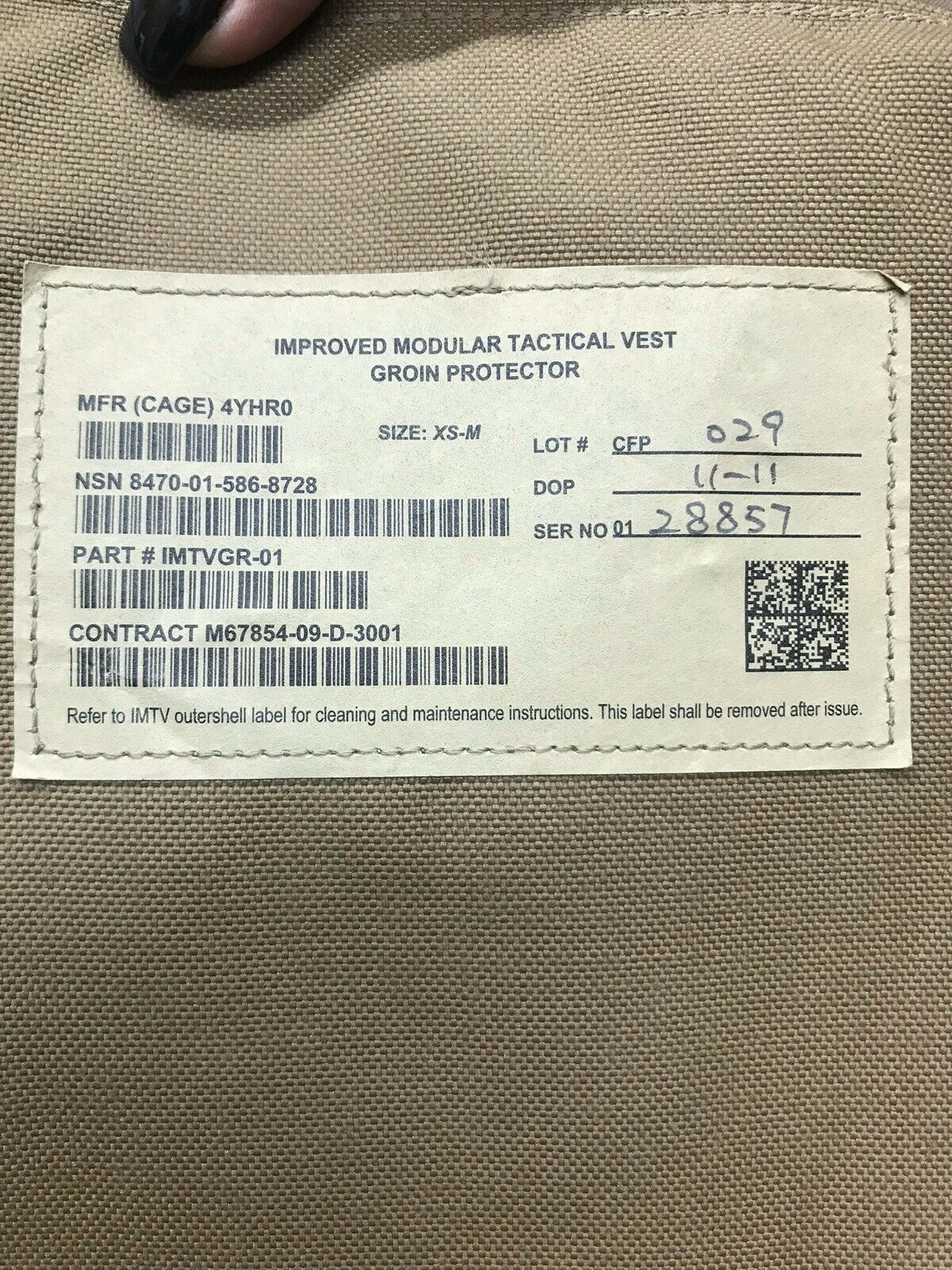 USMC ISSUE IMTV GROIN PROTECTOR 8470-01-586-8728  XS - M